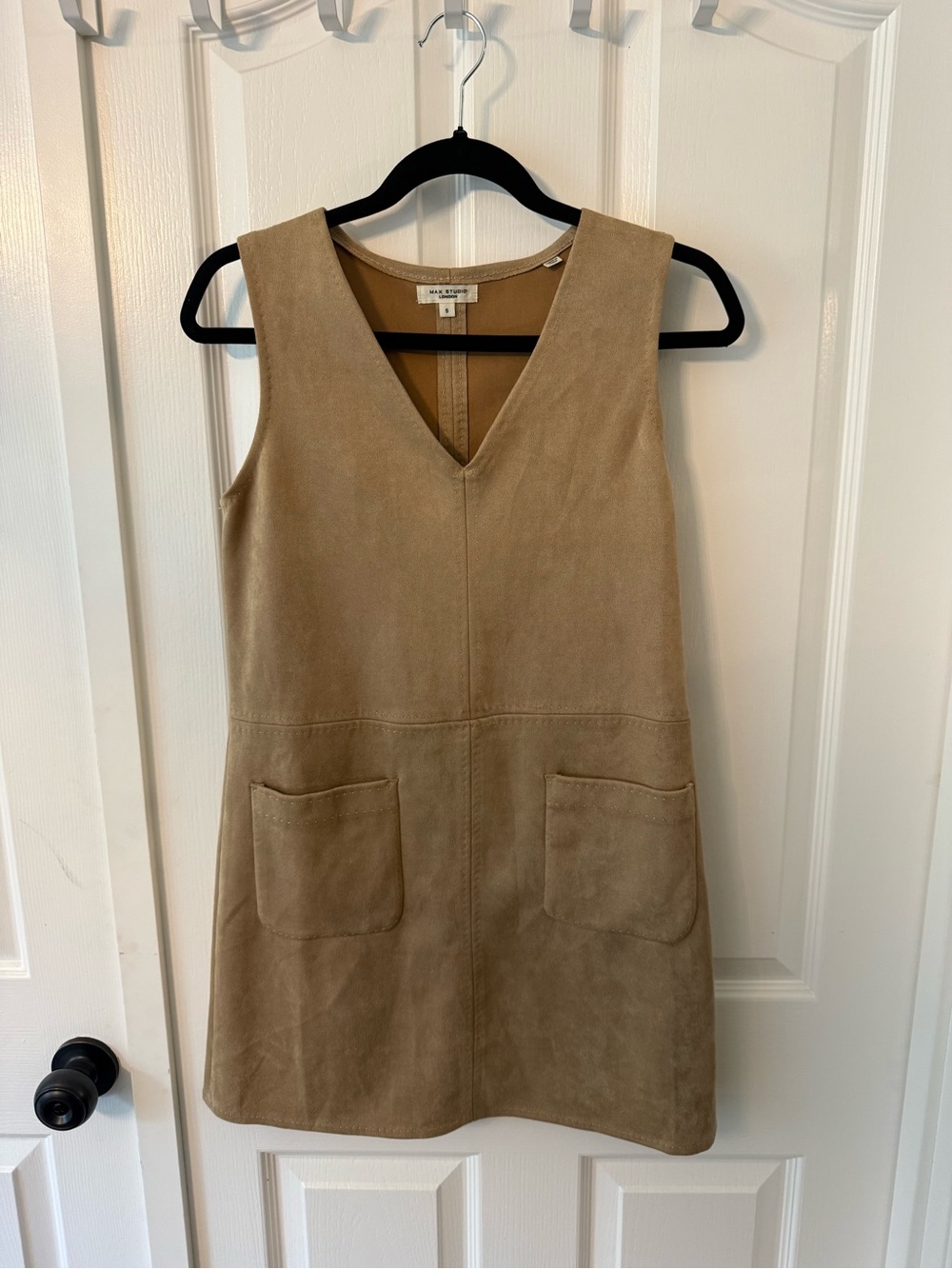 Max Studio London Faux Suede Shift Dress S Tan 70s Mod Boho Pinafore